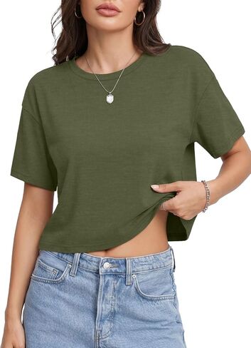 UNCLECAT Womens Cropped Shirts Summer Short Sleeve Crew Neck Crop Tops Loose T Shirts in Saudi Arabia