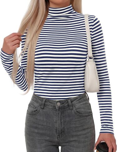 BTFBM Long Sleeve Shirts for Women Turtleneck Striped Shirt Lightweight Basic Thermal Underwear Tops 2026 Fall Fashion in Kuwait