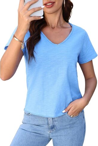 Inadays Womens Slub Cotton T Shirts Short Sleeve V-Neck Raw Hem Summer Tops Loose Fit Tee Basic Clothes Fashion Outfits in Saudi Arabia