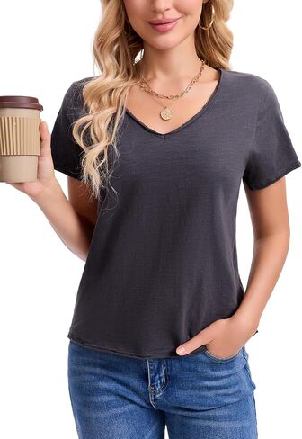 Inadays Womens Slub Cotton T Shirts Short Sleeve V-Neck Raw Hem Summer Tops Loose Fit Tee Basic Clothes Fashion Outfits in Saudi Arabia