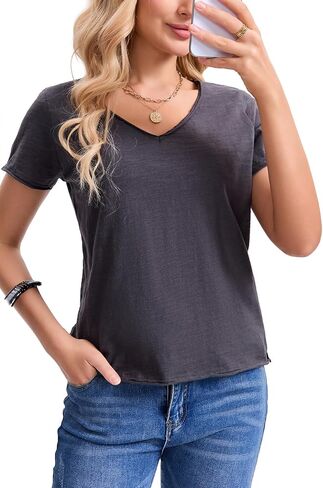 Inadays Womens Slub Cotton T Shirts Short Sleeve V-Neck Raw Hem Summer Tops Loose Fit Tee Basic Clothes Fashion Outfits in Saudi Arabia