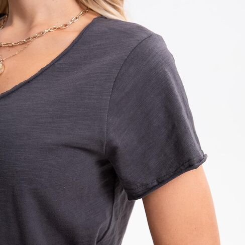 Inadays Womens Slub Cotton T Shirts Short Sleeve V-Neck Raw Hem Summer Tops Loose Fit Tee Basic Clothes Fashion Outfits in Saudi Arabia