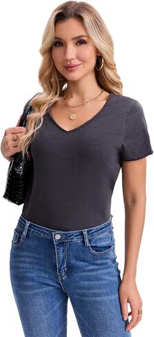 Inadays Womens Slub Cotton T Shirts Short Sleeve V-Neck Raw Hem Summer Tops Loose Fit Tee Basic Clothes Fashion Outfits in Saudi Arabia