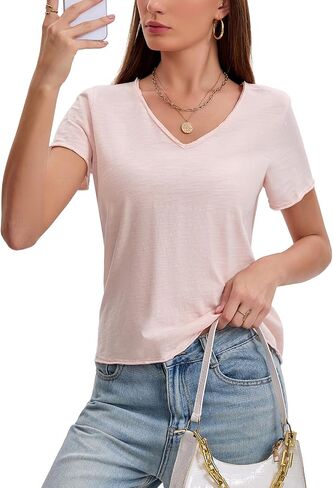 Inadays Womens Slub Cotton T Shirts Short Sleeve V-Neck Raw Hem Summer Tops Loose Fit Tee Basic Clothes Fashion Outfits in Saudi Arabia