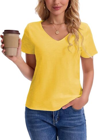 Inadays Womens Slub Cotton T Shirts Short Sleeve V-Neck Raw Hem Summer Tops Loose Fit Tee Basic Clothes Fashion Outfits in Saudi Arabia