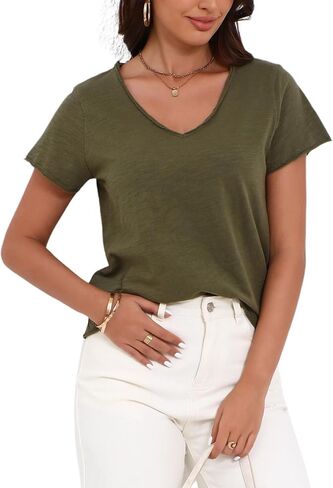 Inadays Womens Slub Cotton T Shirts Short Sleeve V-Neck Raw Hem Summer Tops Loose Fit Tee Basic Clothes Fashion Outfits in Saudi Arabia