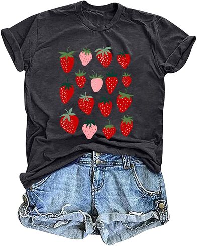 AMWIPE Strawberry Shirt for Women Cute Fruit Tshirt Strawberries Graphic Clothing Garden Tee Tops in Saudi Arabia