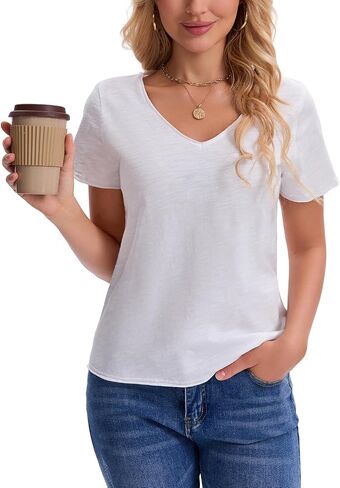 Inadays Womens Slub Cotton T Shirts Short Sleeve V-Neck Raw Hem Summer Tops Loose Fit Tee Basic Clothes Fashion Outfits in Saudi Arabia