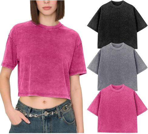 Kissonic Womens Oversized Cropped T Shirts Vintage Acid Washed Crop Tops Cotton Baggy Tees Casual Summer Shirts in Saudi Arabia