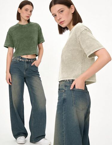 Kissonic Womens Oversized Cropped T Shirts Vintage Acid Washed Crop Tops Cotton Baggy Tees Casual Summer Shirts in Saudi Arabia