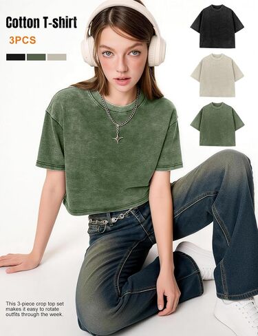 Kissonic Womens Oversized Cropped T Shirts Vintage Acid Washed Crop Tops Cotton Baggy Tees Casual Summer Shirts in Saudi Arabia