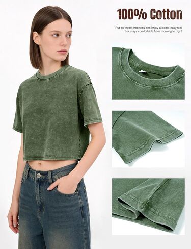 Kissonic Womens Oversized Cropped T Shirts Vintage Acid Washed Crop Tops Cotton Baggy Tees Casual Summer Shirts in Saudi Arabia