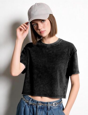 Kissonic Womens Oversized Cropped T Shirts Vintage Acid Washed Crop Tops Cotton Baggy Tees Casual Summer Shirts in Saudi Arabia