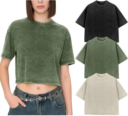 Kissonic Womens Oversized Cropped T Shirts Vintage Acid Washed Crop Tops Cotton Baggy Tees Casual Summer Shirts in Saudi Arabia