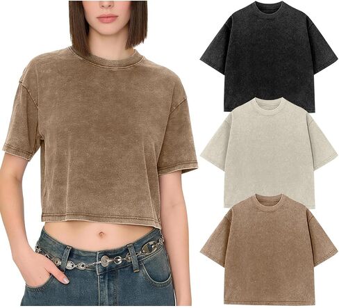 Kissonic Womens Oversized Cropped T Shirts Vintage Acid Washed Crop Tops Cotton Baggy Tees Casual Summer Shirts in Saudi Arabia