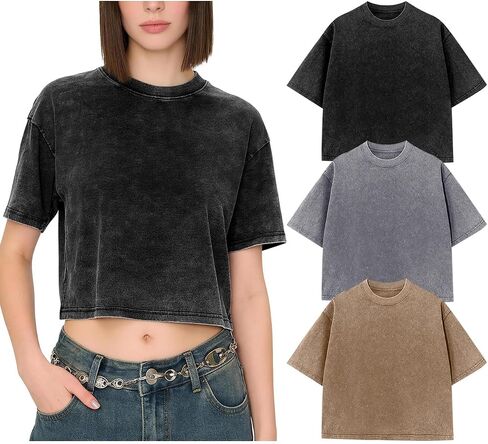 Kissonic Womens Oversized Cropped T Shirts Vintage Acid Washed Crop Tops Cotton Baggy Tees Casual Summer Shirts in Saudi Arabia