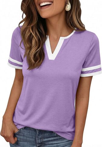 Women’s V Neck T-Shirts Short Sleeve Color Block Stripes Loose Fit Summer 2026 Casual Tunic Tops in Saudi Arabia