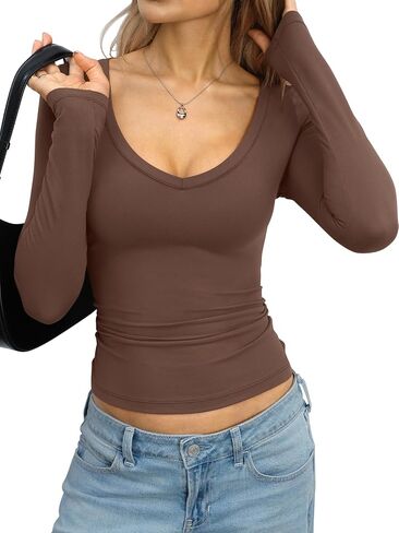 Eachyes Womens Tight Long Sleeve Shirts Deep V Neck Sexy Tops Y2k Low Cut Outfits Basic Going Out Trendy Fall Clothes 2026 in Saudi Arabia