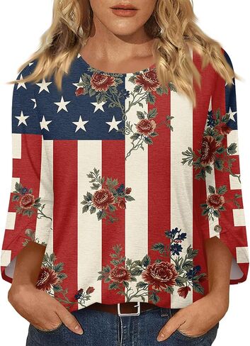T Shirts for Women 250 Anniversary USA Patriotic 3/4 Sleeve Flag Printed Crewneck Breathable Loose Fit Pullover Top in Saudi Arabia