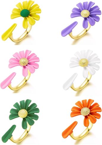 Bohemian Stackable Rings Set-6pcs Colorful Adjustable Daisy Flower Wrap Rings for Women, Spring Summer Jewelry Gift. in Saudi Arabia