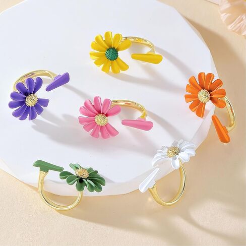 Bohemian Stackable Rings Set-6pcs Colorful Adjustable Daisy Flower Wrap Rings for Women, Spring Summer Jewelry Gift. in Saudi Arabia
