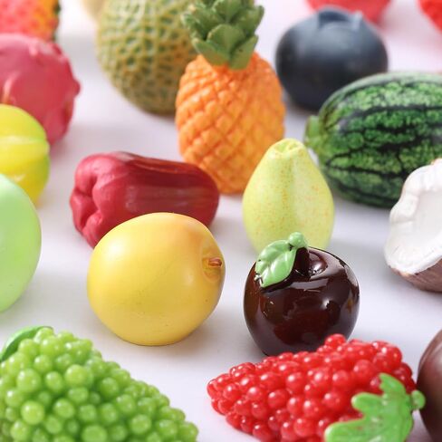 30Pcs Resin Artificial Fruits Decor, Fruits Mini Resin Figures Strawberry Peach Grapes Pineapple Lemon Banana for Garden Kitchen Game Party Decor, Cake Decoration, Miniature Fruits Figures in Saudi Arabia