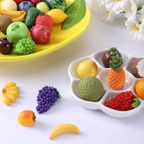 30Pcs Resin Artificial Fruits Decor, Fruits Mini Resin Figures Strawberry Peach Grapes Pineapple Lemon Banana for Garden Kitchen Game Party Decor, Cake Decoration, Miniature Fruits Figures in Saudi Arabia