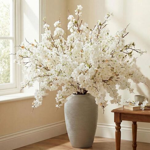 Giegxin 18 Pcs Artificial Cherry Blossom, 41" Faux Cherry Branches Spring Decor Indoor Silk Fake Flowers Long Stems for Tall Vase Table Home Wedding Business Spaces Decor(White) in Kuwait