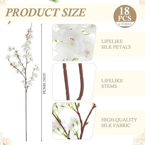 Giegxin 18 Pcs Artificial Cherry Blossom, 41" Faux Cherry Branches Spring Decor Indoor Silk Fake Flowers Long Stems for Tall Vase Table Home Wedding Business Spaces Decor(White) in Kuwait