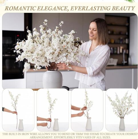Giegxin 18 Pcs Artificial Cherry Blossom, 41" Faux Cherry Branches Spring Decor Indoor Silk Fake Flowers Long Stems for Tall Vase Table Home Wedding Business Spaces Decor(White) in Kuwait