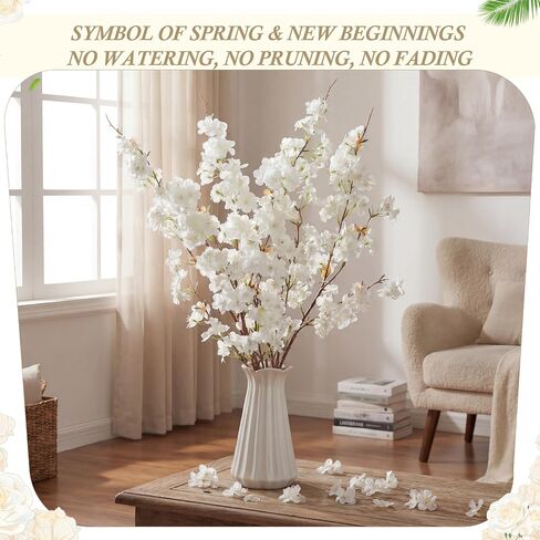 Giegxin 18 Pcs Artificial Cherry Blossom, 41" Faux Cherry Branches Spring Decor Indoor Silk Fake Flowers Long Stems for Tall Vase Table Home Wedding Business Spaces Decor(White) in Kuwait