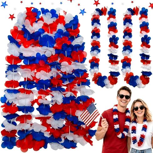 12 Pack Patriotic Leis Red White and Blue, 4th of July Hawaiian Flower Leis Bulk for Independence Day 250th Anniversary, Memorial Day, Parade, Party Decorations in Saudi Arabia