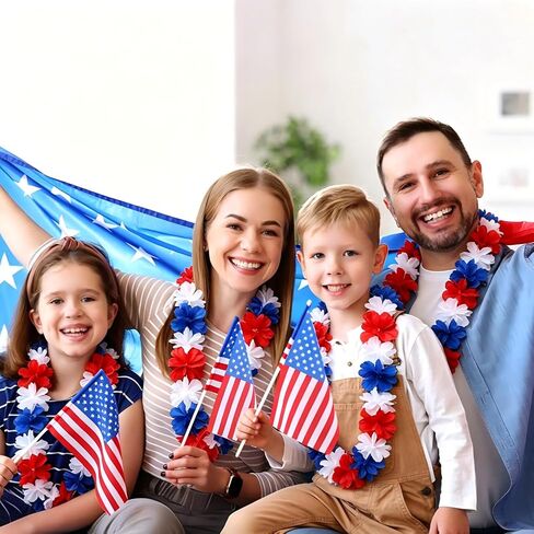 12 Pack Patriotic Leis Red White and Blue, 4th of July Hawaiian Flower Leis Bulk for Independence Day 250th Anniversary, Memorial Day, Parade, Party Decorations in Saudi Arabia