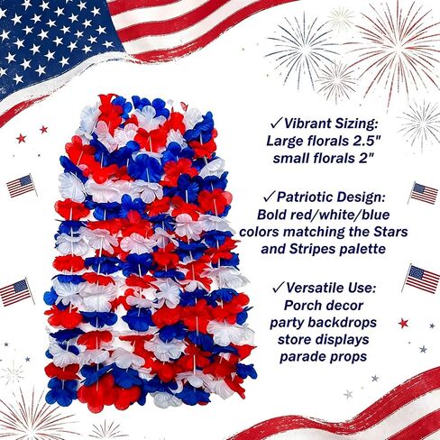 12 Pack Patriotic Leis Red White and Blue, 4th of July Hawaiian Flower Leis Bulk for Independence Day 250th Anniversary, Memorial Day, Parade, Party Decorations in Saudi Arabia