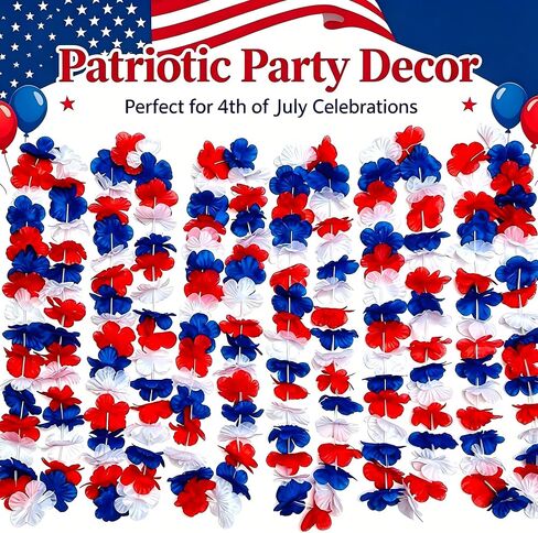 12 Pack Patriotic Leis Red White and Blue, 4th of July Hawaiian Flower Leis Bulk for Independence Day 250th Anniversary, Memorial Day, Parade, Party Decorations in Saudi Arabia