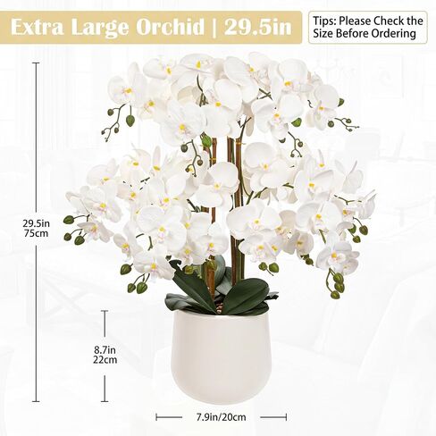 Briful Extra Large White Orchid Artificial Flowers in Cream Resin Pot, 29.5in Lifelike Silk Orchid Arrangement Faux Phalaenopsis Plant for Home Entryway Dining Room Console Table Office Lobby Decor in Kuwait