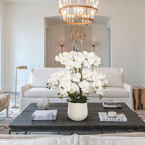 Briful Extra Large White Orchid Artificial Flowers in Cream Resin Pot, 29.5in Lifelike Silk Orchid Arrangement Faux Phalaenopsis Plant for Home Entryway Dining Room Console Table Office Lobby Decor in Kuwait
