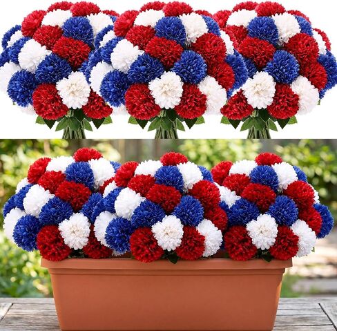 36 Pcs 4th of July Red White Blue Artificial Chrysanthemums Flower 250th Anniversary Patriotic Fake Mums Silk Flower Decor for Independence Day Table Centerpiece Home Decor, Vase Not Included in Saudi Arabia