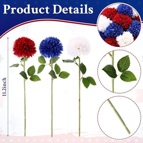 36 Pcs 4th of July Red White Blue Artificial Chrysanthemums Flower 250th Anniversary Patriotic Fake Mums Silk Flower Decor for Independence Day Table Centerpiece Home Decor, Vase Not Included in Saudi Arabia
