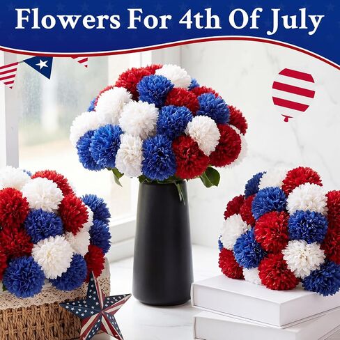 36 Pcs 4th of July Red White Blue Artificial Chrysanthemums Flower 250th Anniversary Patriotic Fake Mums Silk Flower Decor for Independence Day Table Centerpiece Home Decor, Vase Not Included in Saudi Arabia