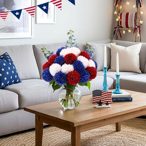 36 Pcs 4th of July Red White Blue Artificial Chrysanthemums Flower 250th Anniversary Patriotic Fake Mums Silk Flower Decor for Independence Day Table Centerpiece Home Decor, Vase Not Included in Saudi Arabia
