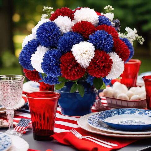 36 Pcs 4th of July Red White Blue Artificial Chrysanthemums Flower 250th Anniversary Patriotic Fake Mums Silk Flower Decor for Independence Day Table Centerpiece Home Decor, Vase Not Included in Saudi Arabia