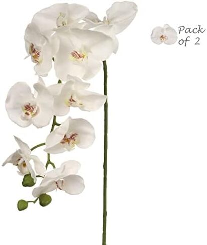 Larksilk 33.5" Real Touch White Artificial Orchid Stems - 2 Pack Lifelike Phalaenopsis Flowers for Elegant Home Décor, Wedding & Floral Arrangements - Silk Orchid Stems - Artificial Orchid Flowers in Saudi Arabia