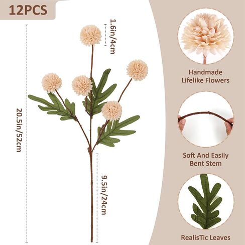 12Pcs Faux Silk Pompon Mum Artificial Flowers for Vase,Artificial Silk Chrysanthemum Flowers DIY Bouquets Wedding Table Centerpieces Home Decor Flores Artificiales, Artificial Flowers Indoor(No Vase) in Kuwait