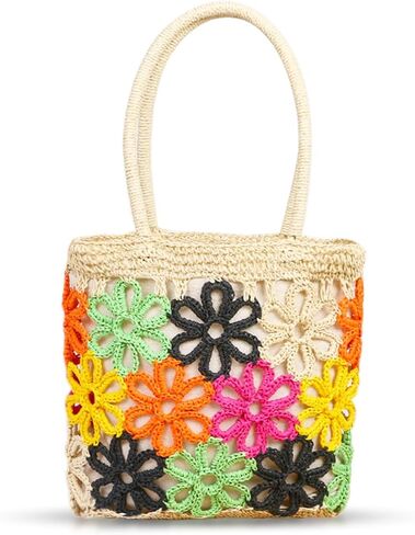 Beach Bag for Women, Colorful Flowers Openwork Pattern Straw Bag, Handwoven Rattan Handbag Suitable for Travel Vacation Work Daily Matching in Kuwait