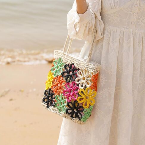 Beach Bag for Women, Colorful Flowers Openwork Pattern Straw Bag, Handwoven Rattan Handbag Suitable for Travel Vacation Work Daily Matching in Kuwait