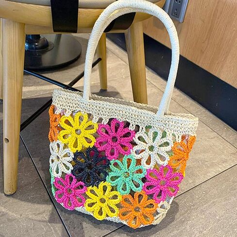 Beach Bag for Women, Colorful Flowers Openwork Pattern Straw Bag, Handwoven Rattan Handbag Suitable for Travel Vacation Work Daily Matching in Kuwait