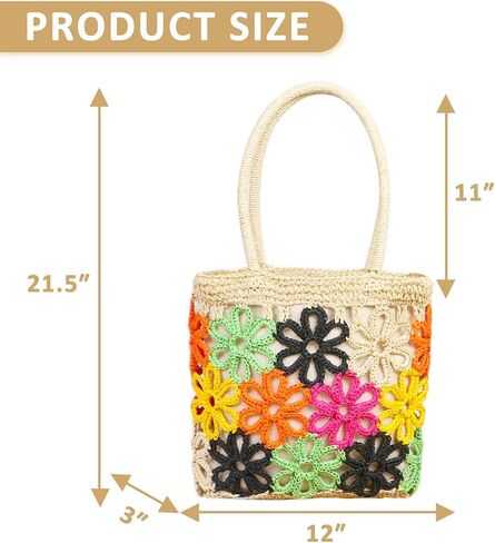Beach Bag for Women, Colorful Flowers Openwork Pattern Straw Bag, Handwoven Rattan Handbag Suitable for Travel Vacation Work Daily Matching in Kuwait