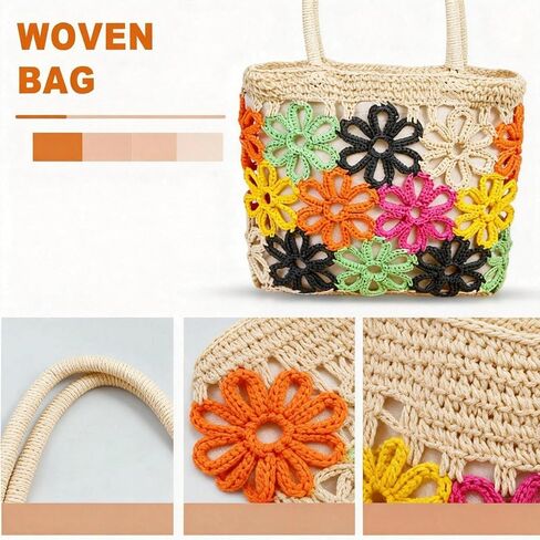 Beach Bag for Women, Colorful Flowers Openwork Pattern Straw Bag, Handwoven Rattan Handbag Suitable for Travel Vacation Work Daily Matching in Kuwait