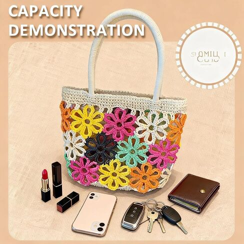 Beach Bag for Women, Colorful Flowers Openwork Pattern Straw Bag, Handwoven Rattan Handbag Suitable for Travel Vacation Work Daily Matching in Kuwait
